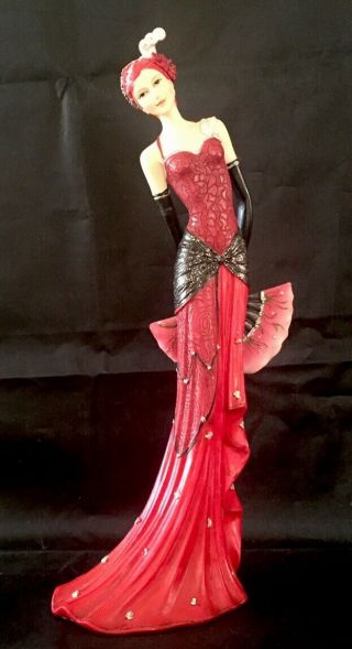 Stunning Mirai Art Deco Style Figure Of A Lady In Red Dress With Fan 12 " Tall