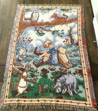 Vintage Disney Classic Pooh Cotton Woven Blanket Throw Wall Hanging 67” X 44”