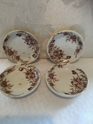 Set Of 4 Antique Brown Transfer Ware Butter Pat Ironstone