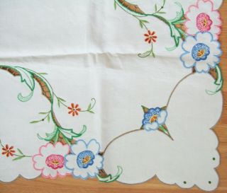 Vtg White Square Linen Hand Embroidered Flowers Floral Cutwork Tablecloth