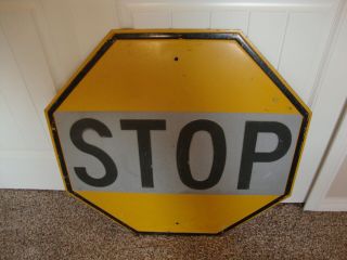 Vintage Rare Yellow Reflective Stop Sign Railroad Street Highway Embossed Steel