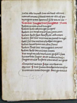 Rare dated paper Manuscript leaf in Dutch,  3 handcol.  initials,  1501.  9 3
