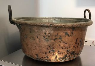 Medium Antique Hammered Copper Cooking Pot Jam Pan Ice Bucket Handles Tin Lined