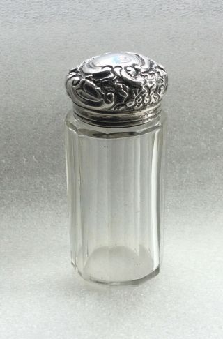 Antique Silver Topped Repousse Glass Scent Perfume Bottle Jar,  Hallmarked 1900