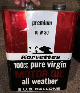 Vtg Korvettes 2 Gallon Ny 100 Virgin Motor Oil Can,  Rare Corvette Collectible