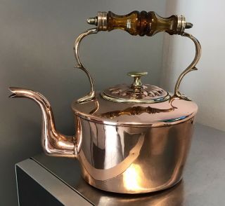 Stunning Antique Victorian Copper & Brass Kettle 3 Pint Amber Handle Watertight