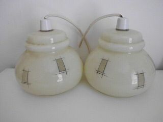 2 X Mid Century Ceiling Shades Cream Glass With Clear Windows - Retro - Vintage