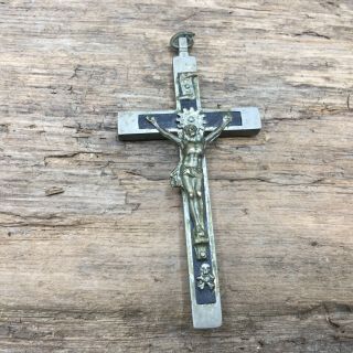 Vintage Antique Brass Wood Cross Crucifix Religious Rosary Pendant Crossbones
