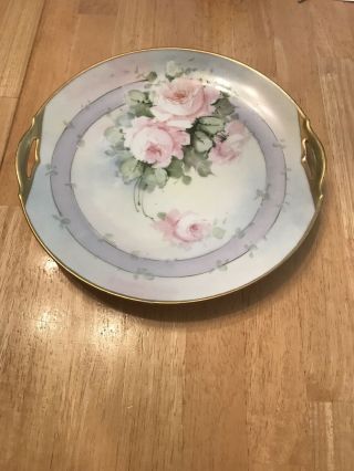 Rare Antique Kpm Germany China Handled Cake Plate Hand Painted Roses 10”