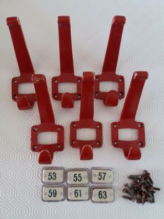 6 X Complete Vintage Cast Iron School Coat Hooks - Red With Great Patina