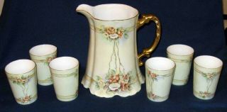 Antique Z.  S.  & Co Bavaria - Large Pitcher And 6 Cups - All Hand Painted