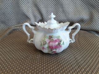 Antique Rs Prussia Red Mark Handled Sugar Bowl,  Pink Rose