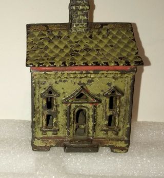 Antique Cast Iron 1 Story House Still Bank With Chimney
