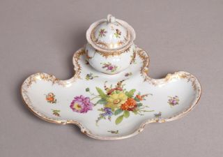 A Very Attractive Antique Dresden German Porcelain Inkwell