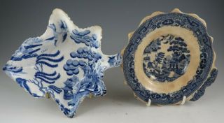 Two Antique Pottery Pearlware Blue Transfer Willow Pattern Pickle Dishes 1825