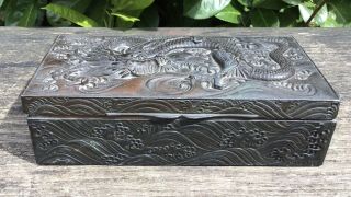 Old Vintage Japanese Metal Box With A Dragon Decorated Top & Marks To Base Tlc
