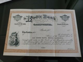 Rare 1870s Bodie Bank Stock Certificate California Ghost Town