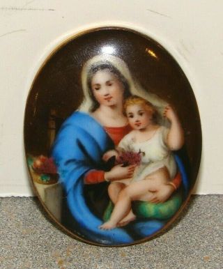 Antique Hand Painted Porcelain Madonna & Child Brooch Pin