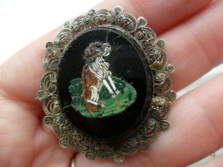 Antique Micro Mosaic Cracked Dog Brooch Silver Filigree Mount Victorian Jewelery