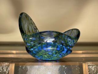 Fire & Light Recycled Art Glass Cobalt Blue Crackle Splash Bowl Signed Rare