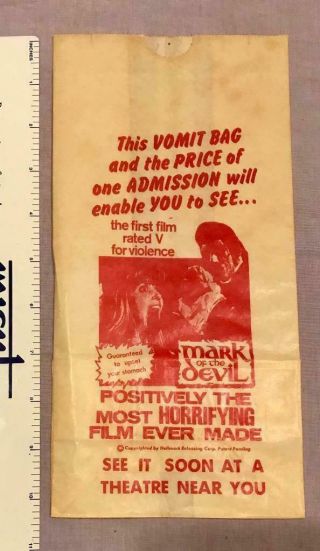 Vintage Rare Mark Of The Devil Horror Movie Vomit Barf Bag 1970s