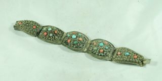Antique Chinese Silver Plated Turquoise & Coral Bracelet 18cm 2.  8cm 33g Czx