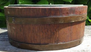 Old Vintage Antique Brass Bound Shallow Wooden Circular Planter 8.  5” Liner