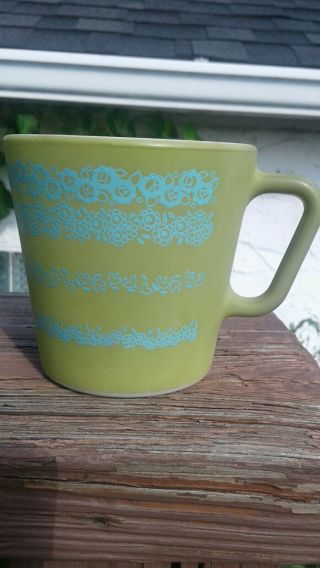 Rare HTF Vtg Pyrex 1410 Mug Turquoise Flowers green Coffee DISHWASHER DAMAGE 3