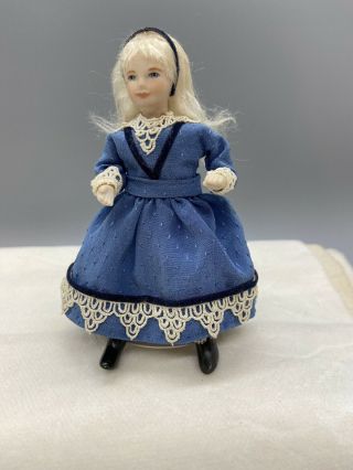 1:12 Dollhouse Miniatures Dolls Girl In Blue Victorian Dress 4 1/4 Inches