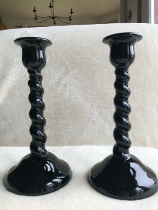 Antique Black Glass Twist Cambridge Candlesticks Candle Holders 8 - 1/4 Tall