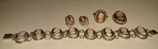 Sterling Silver 925 Cameo Ring,  Earrings,  Necklace,  And Bracelet Set Rare Marked