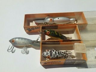 4 Vintage Wooden Bomber Fishing Lures 3 W/boxes.  Fish Or Collect.