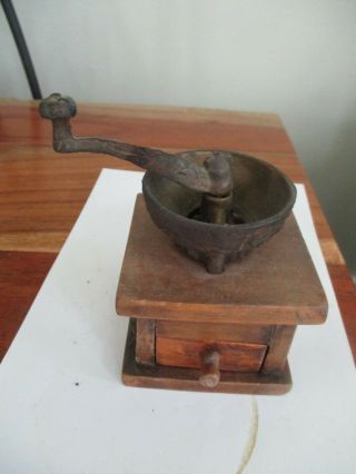 Antique Spice Or Coffee Grinder Cast Iron Top And Wood Drawer Box