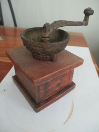 Antique Spice or Coffee Grinder Cast Iron Top and Wood Drawer Box 3
