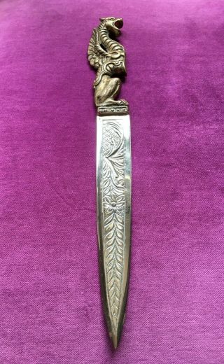 Gorgeous Antique Rare Bronze Letter Opener,  Adorned With Dragon On The Handle