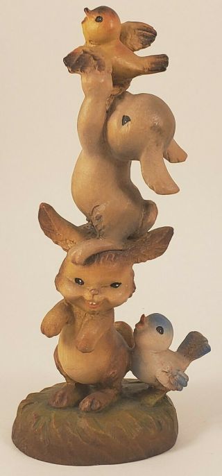 Rare Vintage Anri Ferrandiz 6 1/4 " Carved " Helping Hands " Bunny Birds Figurine