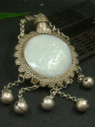 Chinese Antique Celadon Nephrite Hetian - Jade Sterling Silver Statue/pendant383