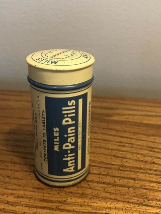 Antique 1920’s Miles Anti - Pain Pills Tin 3” Elkhart Indiana Rare