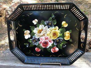 Antique Tole Hand Painted Decorative Tray - Floral Design