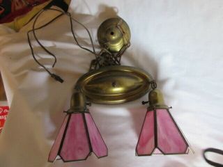 Antique Brass Hanging Pink Slag Glass Double Pendant Light Fixture