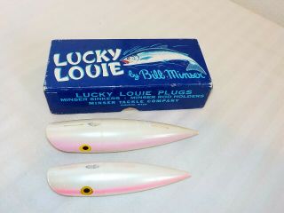 2 Vintage Bill Minser Lucky Louie Silver Pink Pearl Fishing Plugs With 1 Box