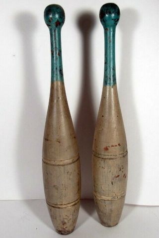 Rare Pair Antique Wood Indian Clubs Old Grey And Blue Paint