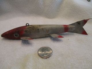 Unsigned Wood Ice Fishing Lure,  Decoy,  Spear Fishing.  Red And White/grey