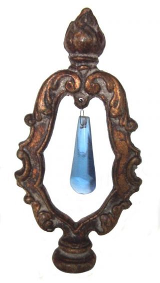 5.  25 " Antique Vintage Lamp Finial Cast Iron With Hanging Blue Glass Prism