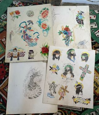 4 Vintage Tattoo Flash Sheets Large Hand Drawn (not Production) 1970s 1980s Rare