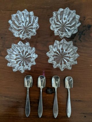Vintage Cut Glass Salt Cellars & Sterling Silver Salt Spoons,  Set Of 4