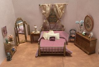 Dollhouse Miniature Vintage Bedroom & Artisan Ornate Gold Dressing Screen Mirror