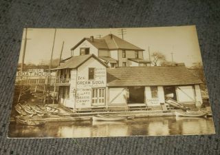 Rare Antique 1910 Rppc Real Photo Postcard Fosters Boathouse Vermilion Indiana