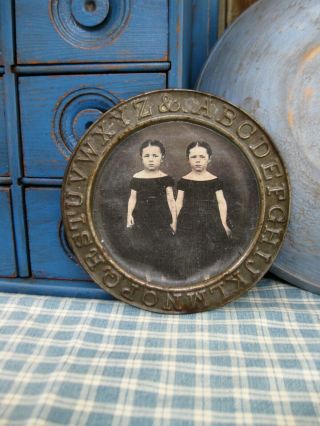 Early Antique Tin Abc Alphabet Plate Old Photo Print Twins