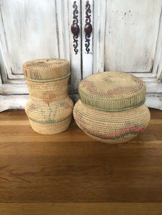 Handcrafted Vtg Native American Or Mexican Baskets With Lids Set 2 Baskets Rare
